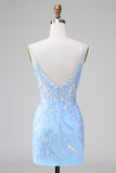 Sparkly Blue Corset Sequins Bodycon Short Prom Dress