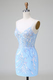 Sparkly Blue Corset Sequins Bodycon Short Prom Dress