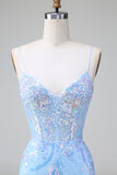 Sparkly Blue Corset Sequins Bodycon Short Prom Dress