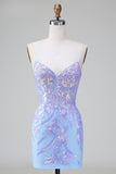 Sparkly Lilac Blue Corset Open Back Sequins Short Prom Dress with Embroidery