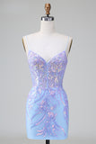 Sparkly Blue Corset Sequins Bodycon Short Prom Dress