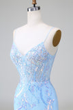 Sparkly Lilac Blue Corset Open Back Sequins Short Prom Dress with Embroidery