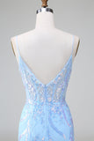 Sparkly Lilac Blue Corset Open Back Sequins Short Prom Dress with Embroidery