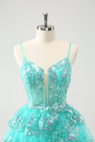 Cute Sparkly A-Line Green Spaghetti Straps Tiered Prom Dress with Sequins