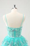 Cute Sparkly A-Line Green Spaghetti Straps Tiered Prom Dress with Sequins