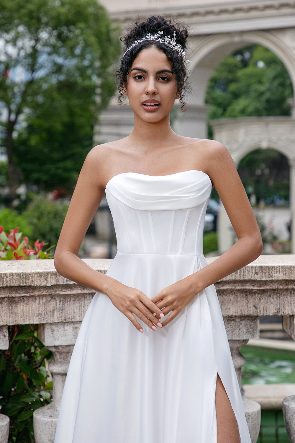 Elegant White A Line Strapless Pleated Sweep Train Corset Wedding Dress With Slit Elegant White A Line Strapless Pleated Sweep Train Corset Wedding Dress With Slit