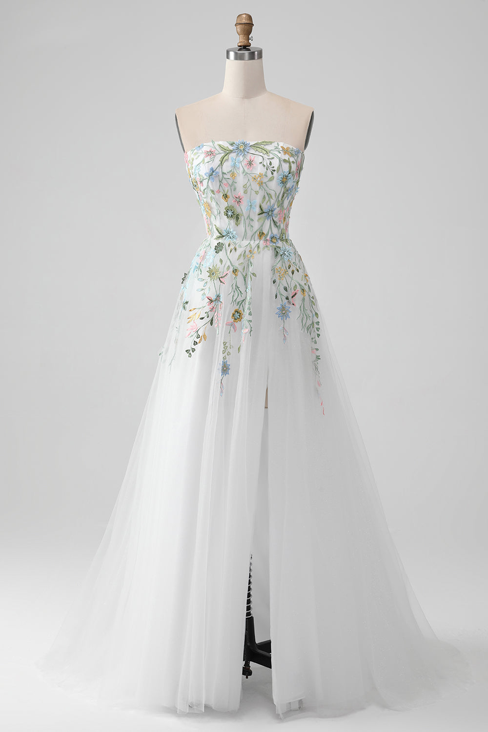 Leely Women Fairy White A Line Strapless 3D Flowers Wedding Dress with Slit Tulle Bridal Dress leelyuk Leely Women Fairy White A Line Strapless 3D Flowers Wedding Dress with Slit Tulle Bridal Dress leelyuk