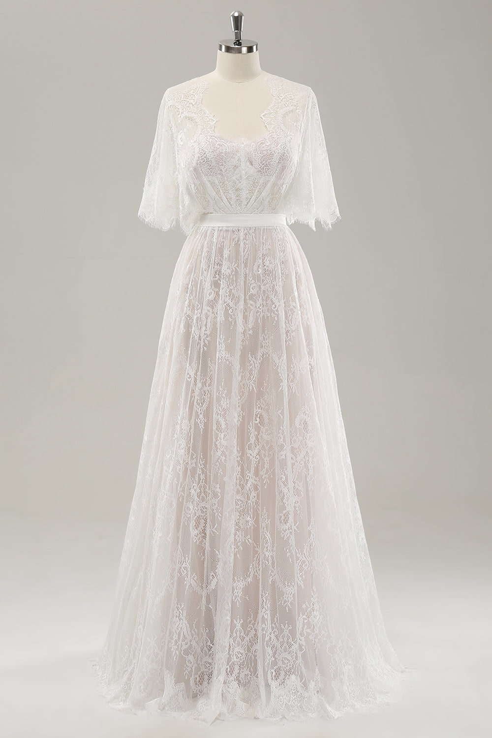 Leely Women White Wedding Dress Short Sleeves Lace A Line Bridal Party Dress with Buttons leelyuk Leely Women White Wedding Dress Short Sleeves Lace A Line Bridal Party Dress with Buttons leelyuk