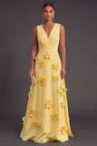 Fuchsia and Orange Floral A Line V-Neck Long Formal Dress
