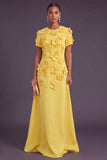 Blue Floral A Line Round Neck Long Formal Dress with Sleeves