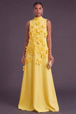 Blue Floral High Neck A Line Long Formal Dress