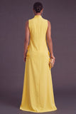 Blue Floral High Neck A Line Long Formal Dress