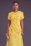 Blue Floral A Line Round Neck Long Formal Dress with Sleeves