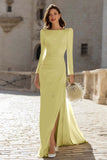 Ivory Sheath Bateau Neck Long Sleeves Wedding Dress with Slit