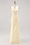 White Sheath V-Neck Ruched Maxi Chiffon Rehearsal Dinner Dress