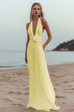 White Chiffon A Line V-Neck Long Rehearsal Dinner Dress