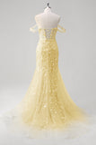Yellow Sweetheart Corset Applique Mermaid Maxi Prom Dress with Beading