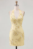 Light Blue Floral Bodycon Halter Neck Short Cocktail Party Dress