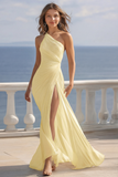 Ivory Ruched One Shoulder Chiffon Maxi Engagement Dress with Slit