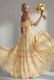 Yellow Pink Floral Hater Neck A Line Ruffled Long Bridesmaid Dress