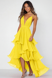 Red V-Neck A Line Long Chiffon Formal Dress with Ruffles