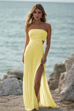 White Chiffon Sheath Ruched Strapless Maxi Rehearsal Dinner Dress with Slit