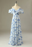 Blue Floral Print A Line Cold Shoulder Maxi Bridesmaid Dress