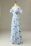 Blue Cold Shoulder Floral Print Maxi Bridesmaid Dress