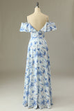 Blue Floral Print A Line Cold Shoulder Maxi Bridesmaid Dress