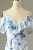 Blue Cold Shoulder Floral Print Maxi Bridesmaid Dress