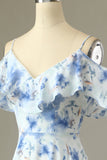 Blue Cold Shoulder Floral Print Maxi Bridesmaid Dress