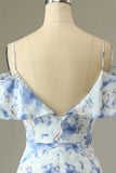 Blue Cold Shoulder Floral Print Maxi Bridesmaid Dress