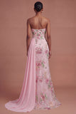 Pink Floral Sparkly Long Prom Dress with Cape