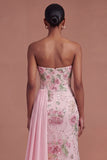 Pink Floral Sparkly Long Prom Dress with Cape