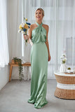 Dusty Sage Halter Sheath Satin Long Bridesmaid Dress