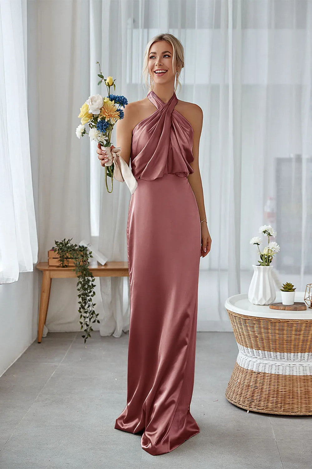 Leely Women Dusty Sage Long Bridesmaid Dress Halter Sheath Satin Formal Dress leelyuk Leely Women Dusty Sage Long Bridesmaid Dress Halter Sheath Satin Formal Dress leelyuk