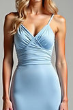 Simple Sky Blue Spaghetti Straps Sheath Maxi Prom Dress