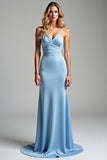 Simple Sky Blue Spaghetti Straps Sheath Maxi Prom Dress