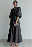 Ivory Puff Sleeves A Line Maxi Formal Dress with Sash
