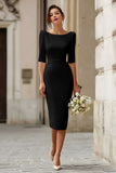 Ivory Satin Bodycon Boat Neck Midi Wedding Dress with Sleeves