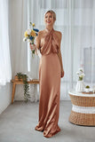 Dusty Sage Halter Sheath Satin Long Bridesmaid Dress