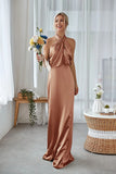 Agave Halter Sheath Satin Long Bridesmaid Dress