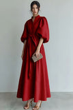 Ivory Puff Sleeves A Line Maxi Formal Dress with Sash