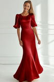 Champagne Round Neck Satin Maxi Bridesmaid Dress with Sleeves
