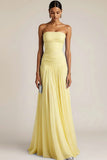 Light Blue Strapless Ruched Maxi Bridesmaid Dress