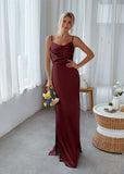 Silver Cowl Neck Satin Long Bridesmaid Dress With Side Slit