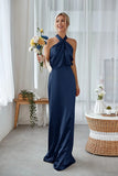 Agave Halter Sheath Satin Long Bridesmaid Dress
