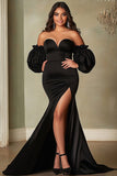 Black Strapless Mermaid Puff Sleeves Plus Size Prom Dress with Slit