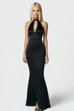 Black Satin High-Neck Keyhole Long Mermaid Formal Dress
