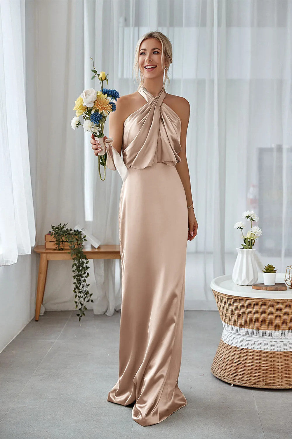 Leely Women Agave Long Bridesmaid Dress Halter Sheath Satin Formal Dress Wedding Guest Dress leelyuk Leely Women Agave Long Bridesmaid Dress Halter Sheath Satin Formal Dress Wedding Guest Dress leelyuk